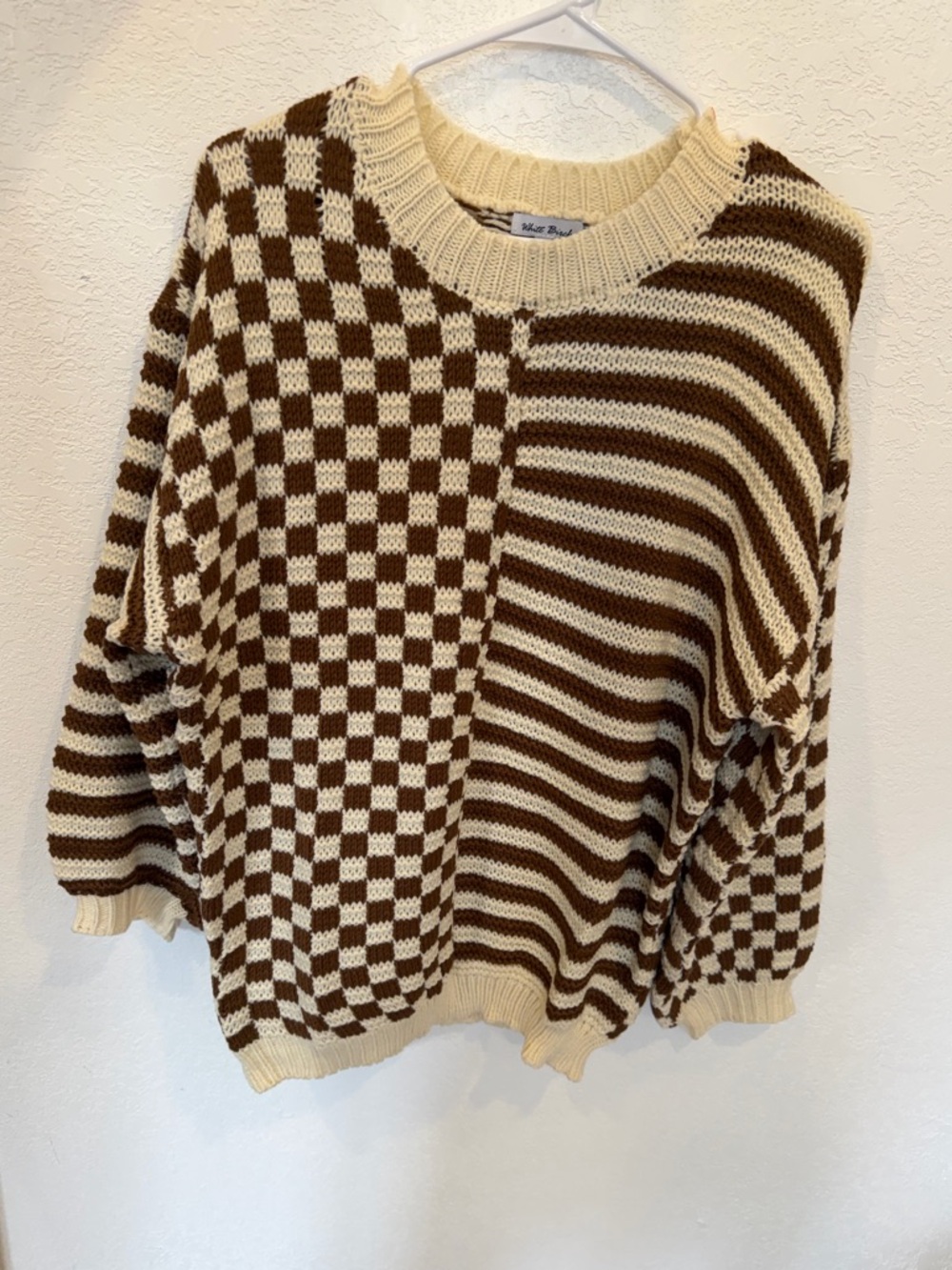 NWOT white birch Cream and Brown Checker & Stripe Knit Sweater
